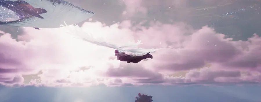 A winged AION 2 character flying through a pink sky