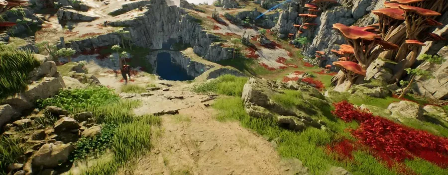 Rocky terrain and giant orange mushrooms in the world of AION 2